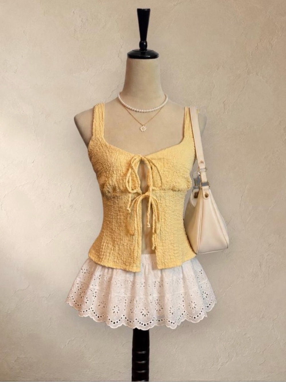 See You Monday Yellow Textured Tie-Front Camisole
